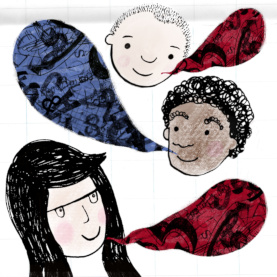 Cartoon of 3 people with speech bubbles.