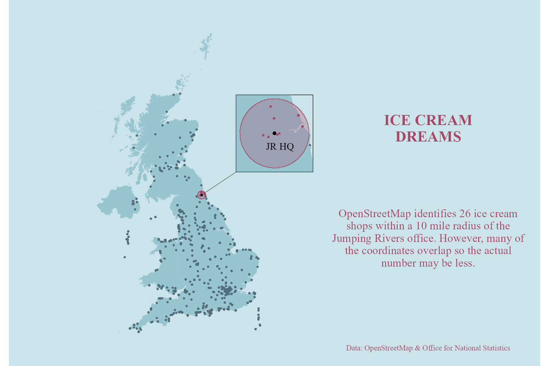 Map of ice-cream locations in the UK with JR office.
