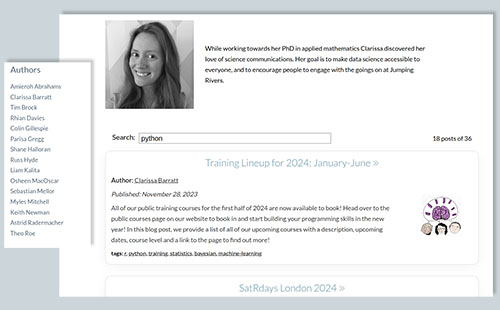 Pair of screenshots showing the author listing from the blog sidebar and the top of one of the author pages.