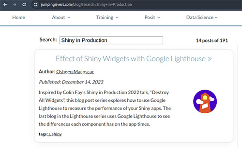 Screenshot showing the blog listings page with 'Shiny in Production' typed in the search bar and the URL updated accordingly.