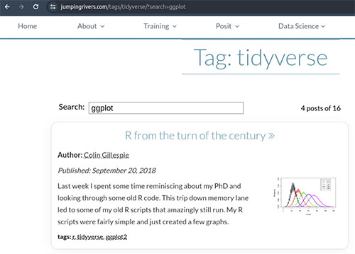 Screenshot of the Tidyverse Tag page. 'ggplot' has been searched for.