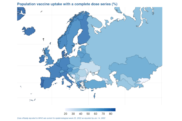 A screenshot of a map of Europe from the WHO/Europe COVID19  vaccination programme monitoring app.