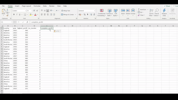 Manually creating a new column using Excel.