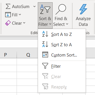 A screenshot of the Excel Tab used to sort the data accordingly