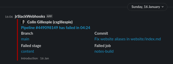 Screenshot of slack notification showing the failed pipeline, where failed job is notes-build.