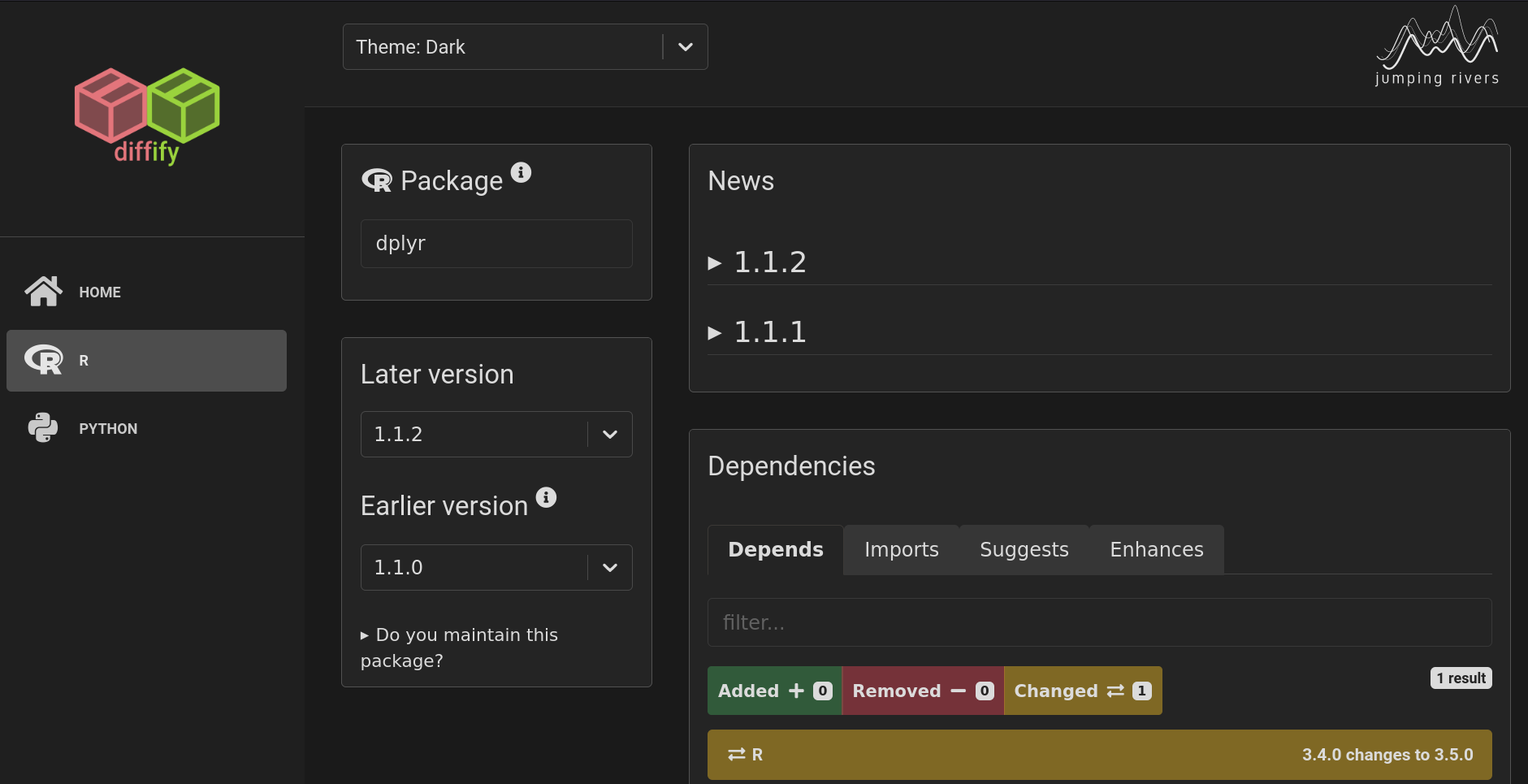 A screenshot of the diffify webpage with the new dark theme applied: The webpage displays some changes between versions 1.1.0 and 1.1.2 of the {dplyr} package. With the dark theme applied, the background is now darkened and the colour of the text has been changed to white to maintain a high contrast.