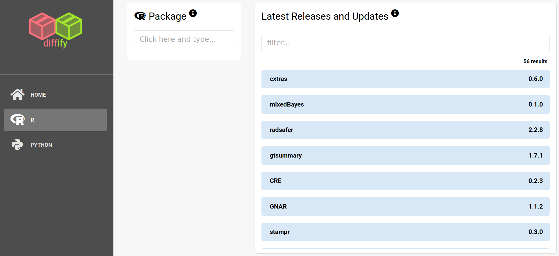 A screenshot of the R packages homepage: As before, there is a dropdown to the left for selecting an R package. There is also a new window to the right titled 'Latest Releases and Updates', which shows a list of new and updated packages that have been published in the past day or so.
