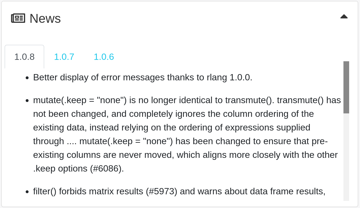 Comparing Version 1.0.5 to Version 1.0.8 of the dplyr NEWS file.