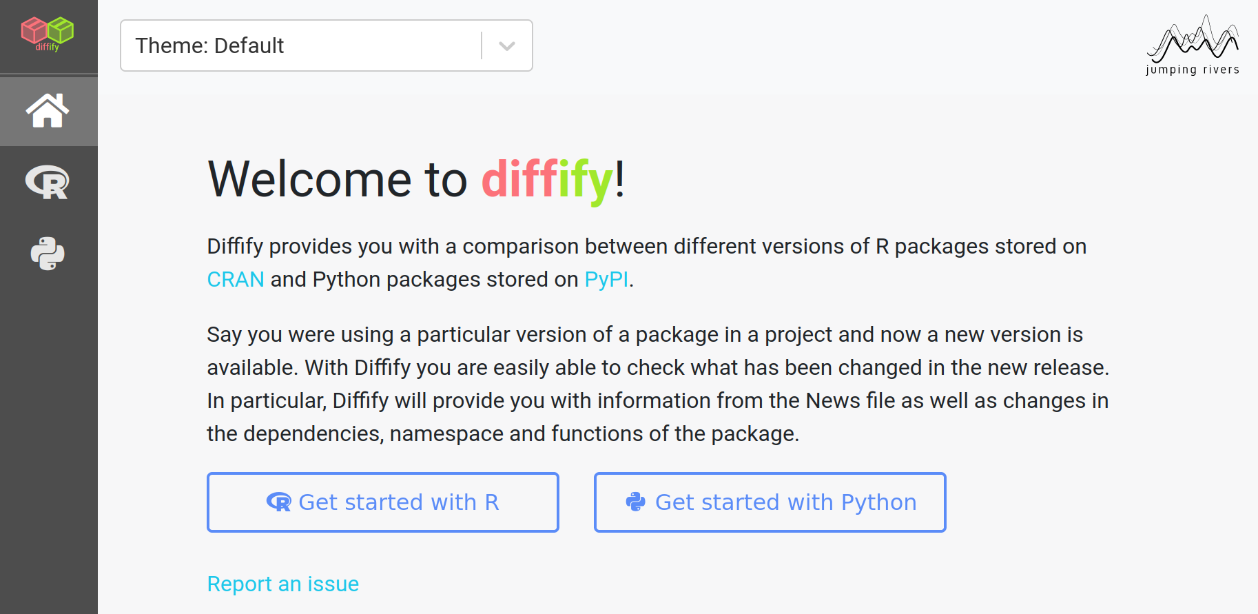 A screenshot of the new Diffify homepage: In the sidebar there are links to home, R and Python. The main body has some introduction text, and now contains a link to “Get started with Python”.