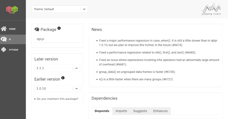 Screenshot of Diffify showing the News updates comparing dplyr version 1.1.1 with 1.0.10.