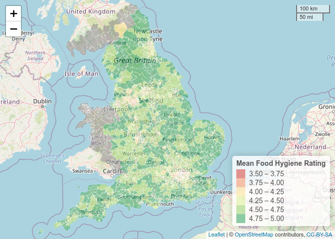 Geographical distribution of Food Hygiene Ratings.