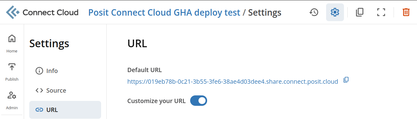 The URL section of the Posit Connect Cloud settings menu, showing the “Default URL” for a piece of content.
