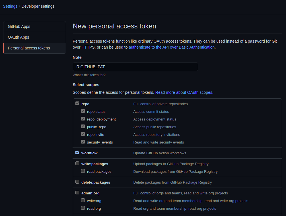 Adding a new Personal access token.