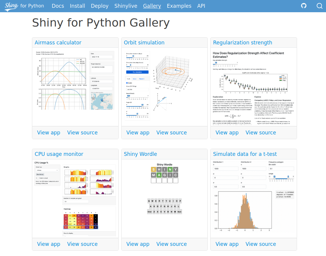 Screenshot of the Shiny for Python gallery showing six examples of dashboards