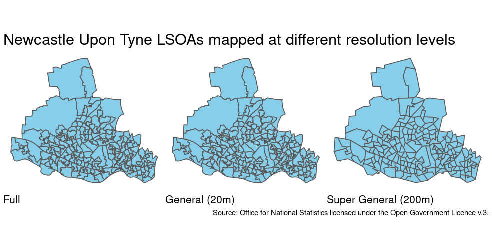 Three maps of Newcastle LSOAs with different boundary resolutions.