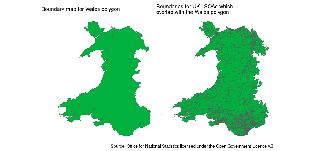 Left:An outline of Wales.
Right: A map of all the LSOAs that overlap with the polygon of Wales. There are some English LSOAs visible on the border. Cymru am byth.