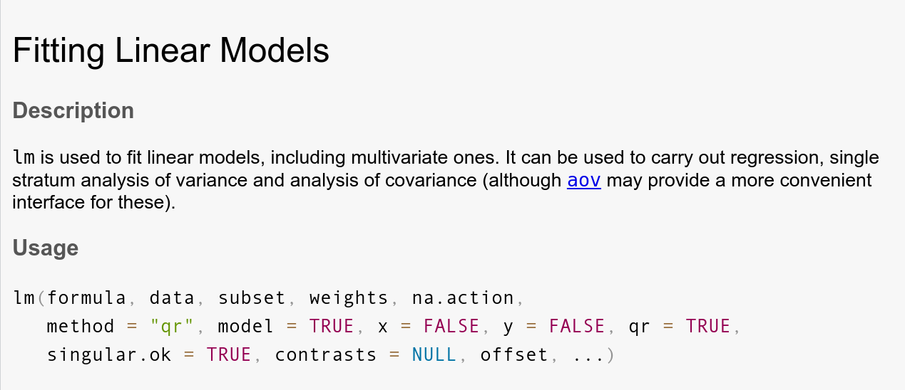 The lm help page with R 4.2.0