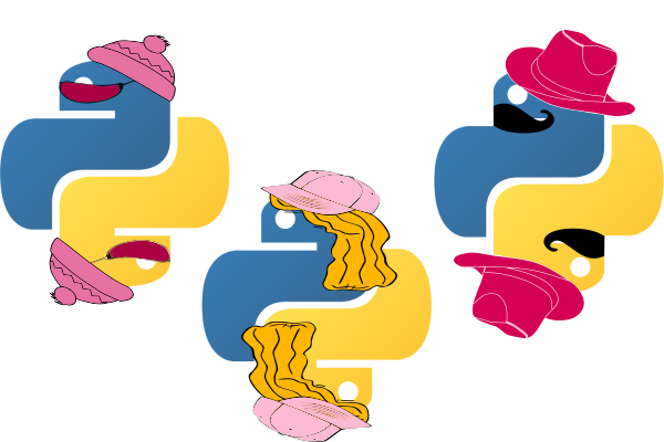 Three depictions of the Python logo dressed up in different outfits.