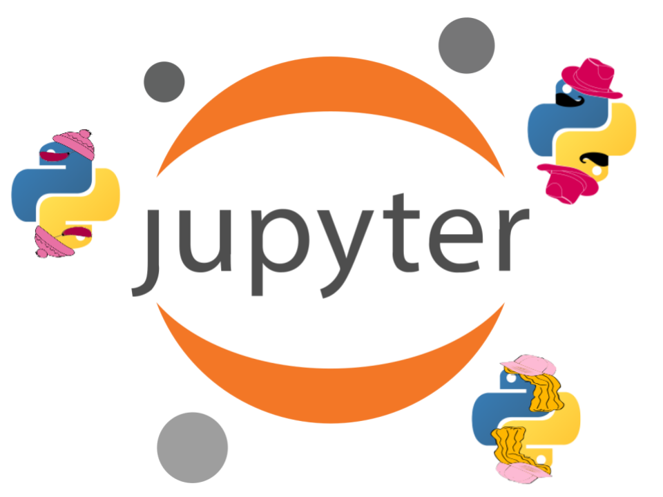 The Jupyter logo surrounded by three Python logos, each dressed up in a different outfit.