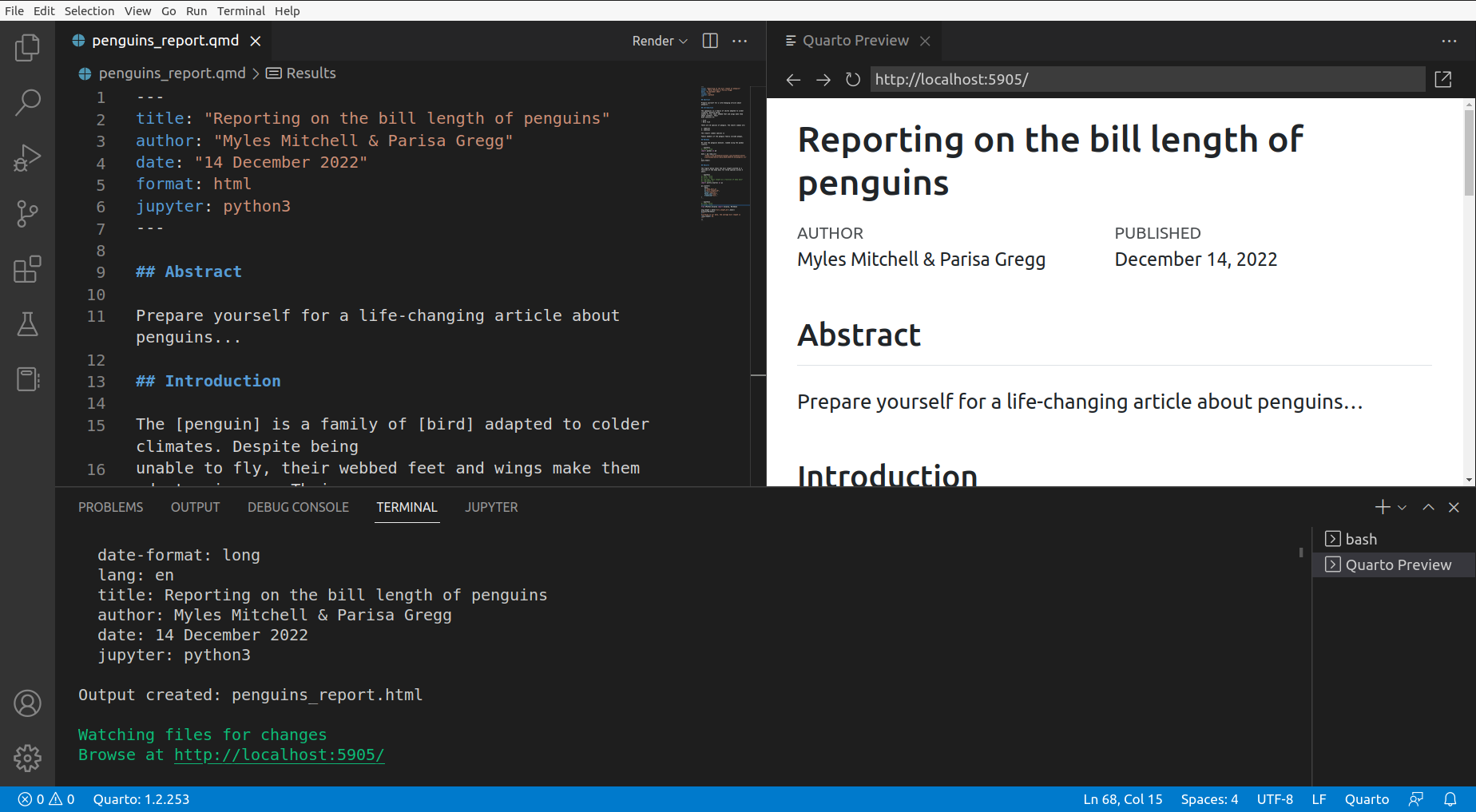 A screenshot of VS Code: The qmd file contents are displayed on the left, and the rendered document preview is displayed in a side window on the right.