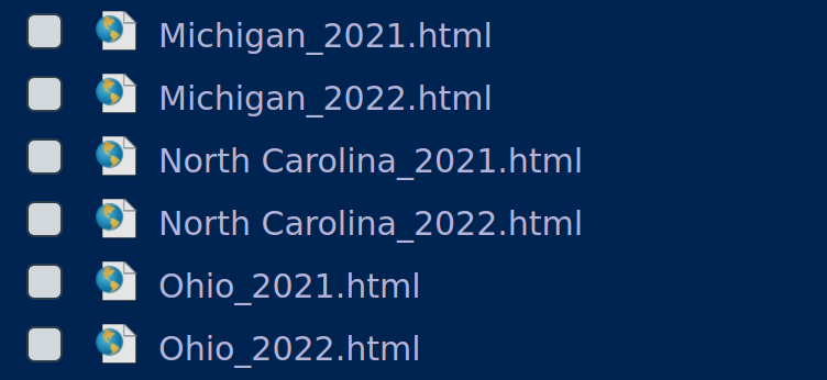 Screenshot of file list showing the files Michigan_2021.html,Michigan_2022.html, North Carolina_2021.html, North Caroline_2022.html,Ohio_2021.html, Ohio_2022.html