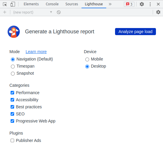 Lighthouse in browser. The image is a screenshot of the dev tools panel with the title 'Generate a Lighthouse report' and a button to 'Analyze page load', followed by some radio buttons to select different options, including whether you want to test for mobile or desktop devices - mobile is selected by default.