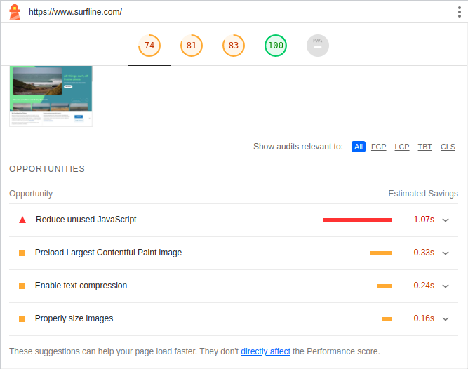 A report page as in the above images is shown, this time for a different webpage. The scores here are as follows: 74, 81, 83, 100. Below is a section called Opportunities, which lists ways in which the score can be improved, and estimated loading time savings.