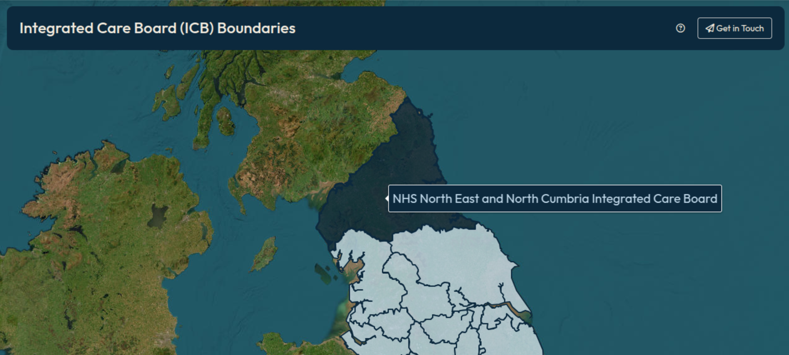 A map showing the 'Integrated Care Board' boundaries for NHS
England