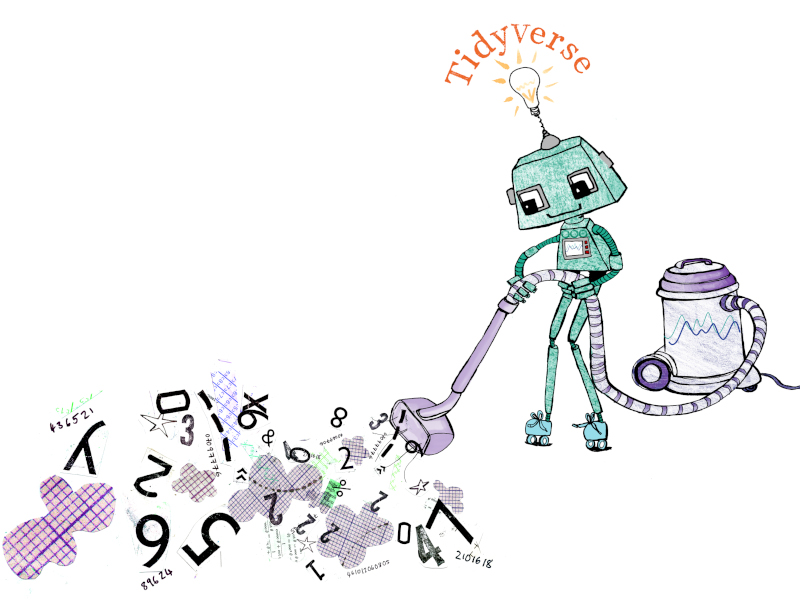 Jumping Rivers robot using a vacuum cleaner to tidy up a large mess of data and numbers on the floor.