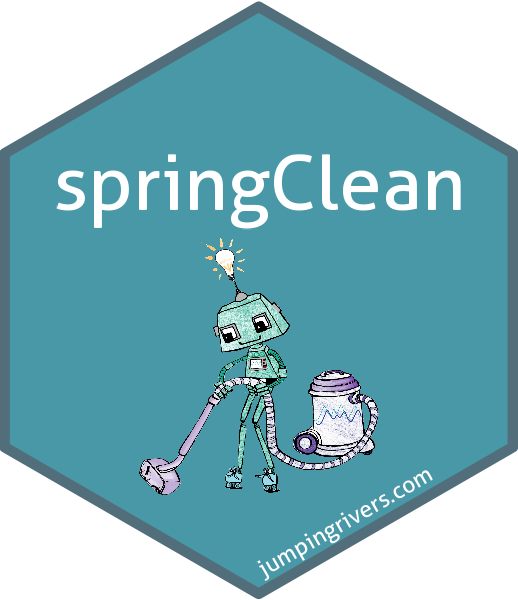 A hexsticker with for a fictional package springClean. There is a robot with a vacuum in the middle.