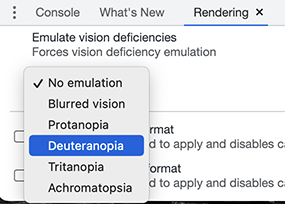 A screenshot of part of the Chrome DevTools Rendering tab, showing the 'Emulate vision deficiencies' dropdown menu