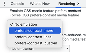 A screenshot of part of the Chrome DevTools Rendering tab, showing the 'Emulate CSS meadia-feature prefers contrast' dropdown menu