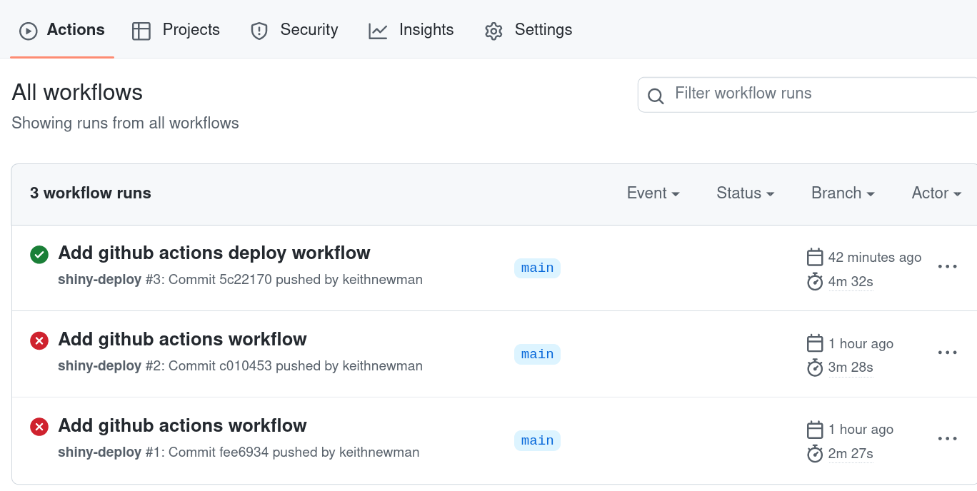 The “Actions” page of the GitHub repository lists the workflows that are currently running, as well as records from previous workflows. A tick signifies the workflow has succeeded, while a cross indicated the workflow has failed.