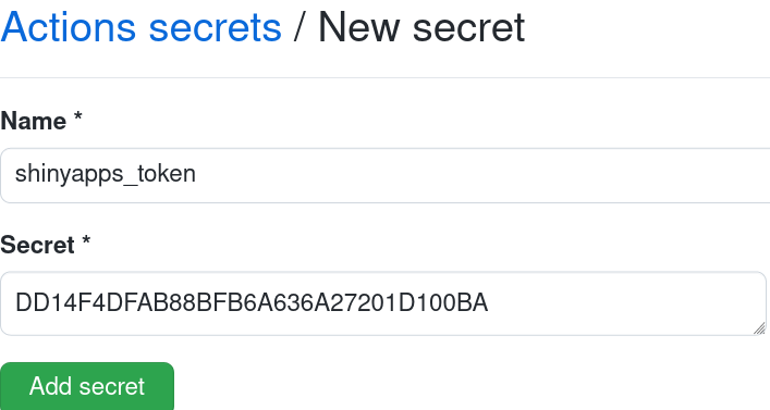 Create a new secret for GitHub Actions by entering a name and the account name, token or secret values. Then click the “Add secret” button to save the value.