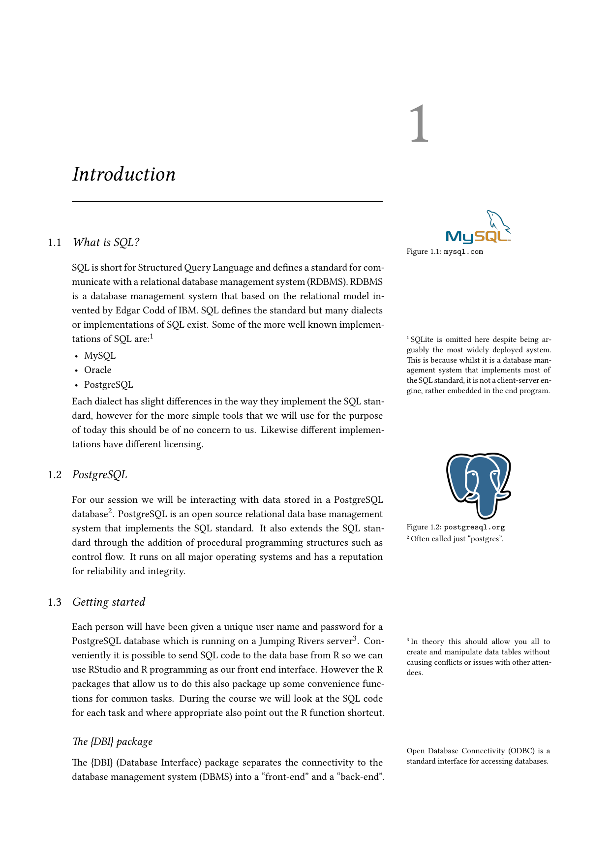 Page 2 of example course material for  An Introduction to SQL with R