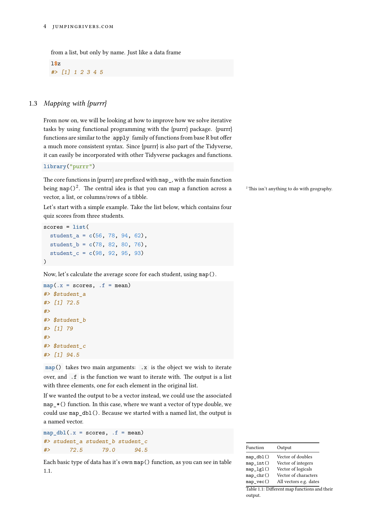 Page 4 of example course material for  Functional Programming with {purrr}