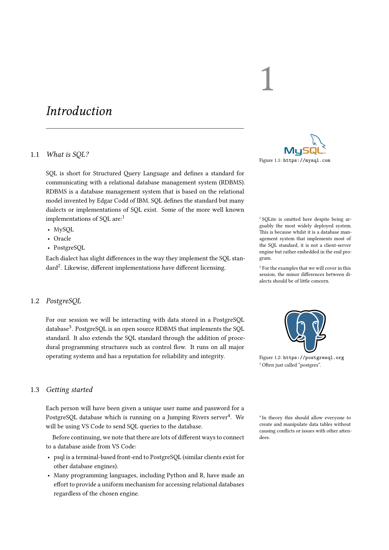 Page 2 of example course material for  Introduction to SQL