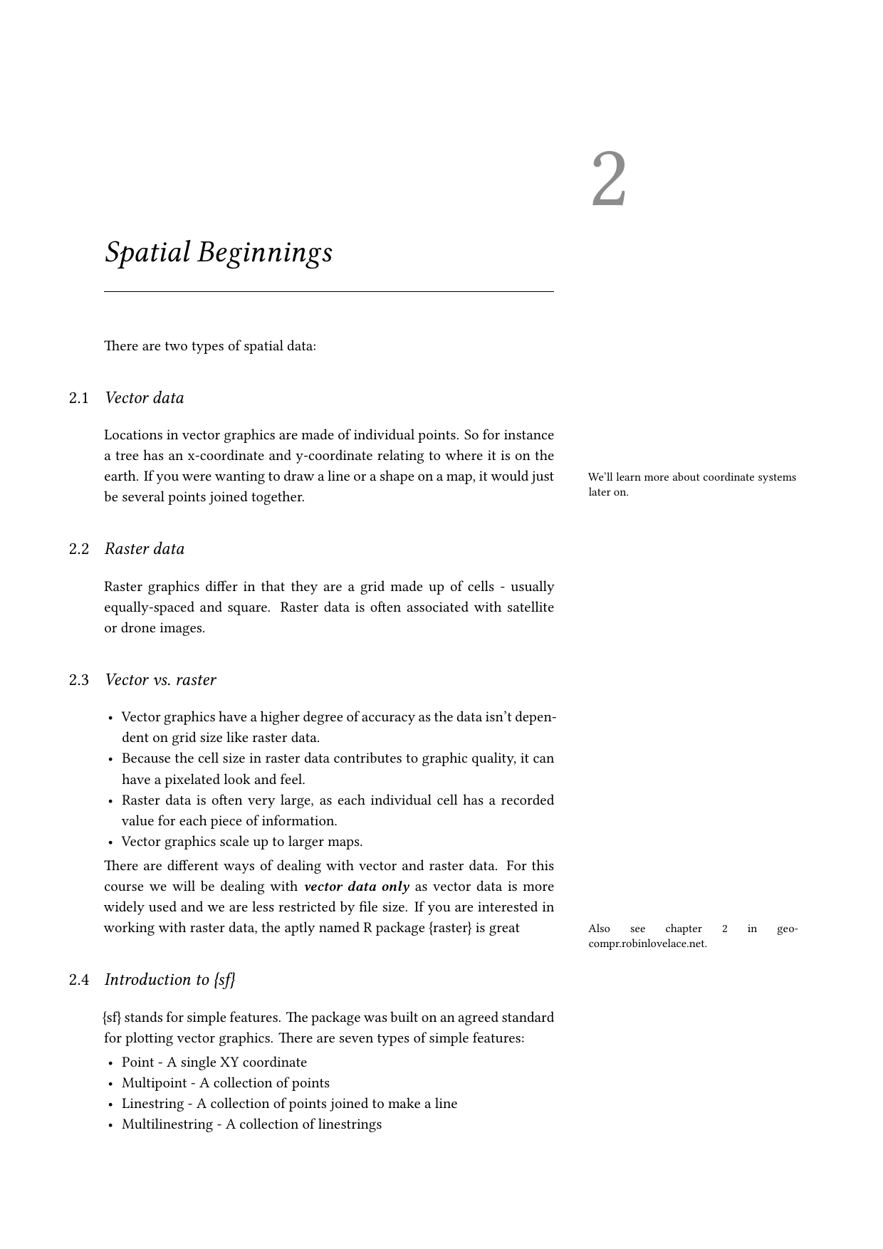 Page 2 of example course material for Spatial Data Analysis with R