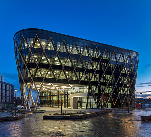 Photograph of the Catalyst building at night