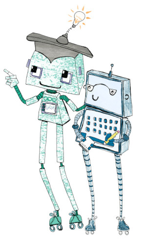 Cartoon of two robots, with one pointing at the text and the other taking notes.