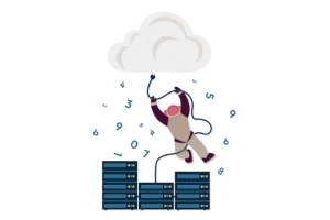 Cartoon of an astronaut trying to plug a server into a cloud
