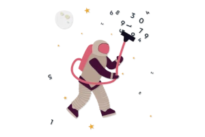 Cartoon of an astronaut hoovering numbers in space