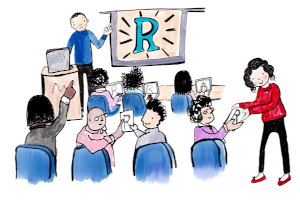 Cartoon of classroom with R on the projector screen.