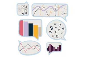 Cartoon of some speech bubbles showing plots and numbers