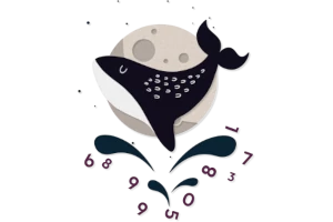 Cartoon of a whale in front of the moon, with water splashes and numbers underneath
