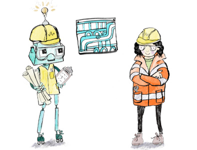 Cartoon of a robot holding plans and showing a machine to a woman in a hard hat and high vis.
