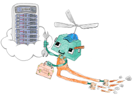 Cartoon of a robot with a spanner flying to fix a server on a cloud