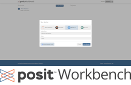 Screenshot of Posit workbench showing session options, Jupyter Notebook, JupyterLab, RStudio Pro and VScode, above posit workbench logo