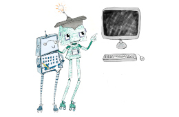 Cartoon of a robot showing another robot a computer screen.