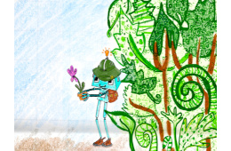 Cartoon of a robot emerging from a forest holding a flower.